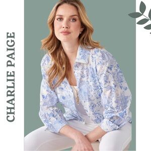 Charlie B Floral Print Long Sleeve Button Front Collared Blouse White Blue Boho